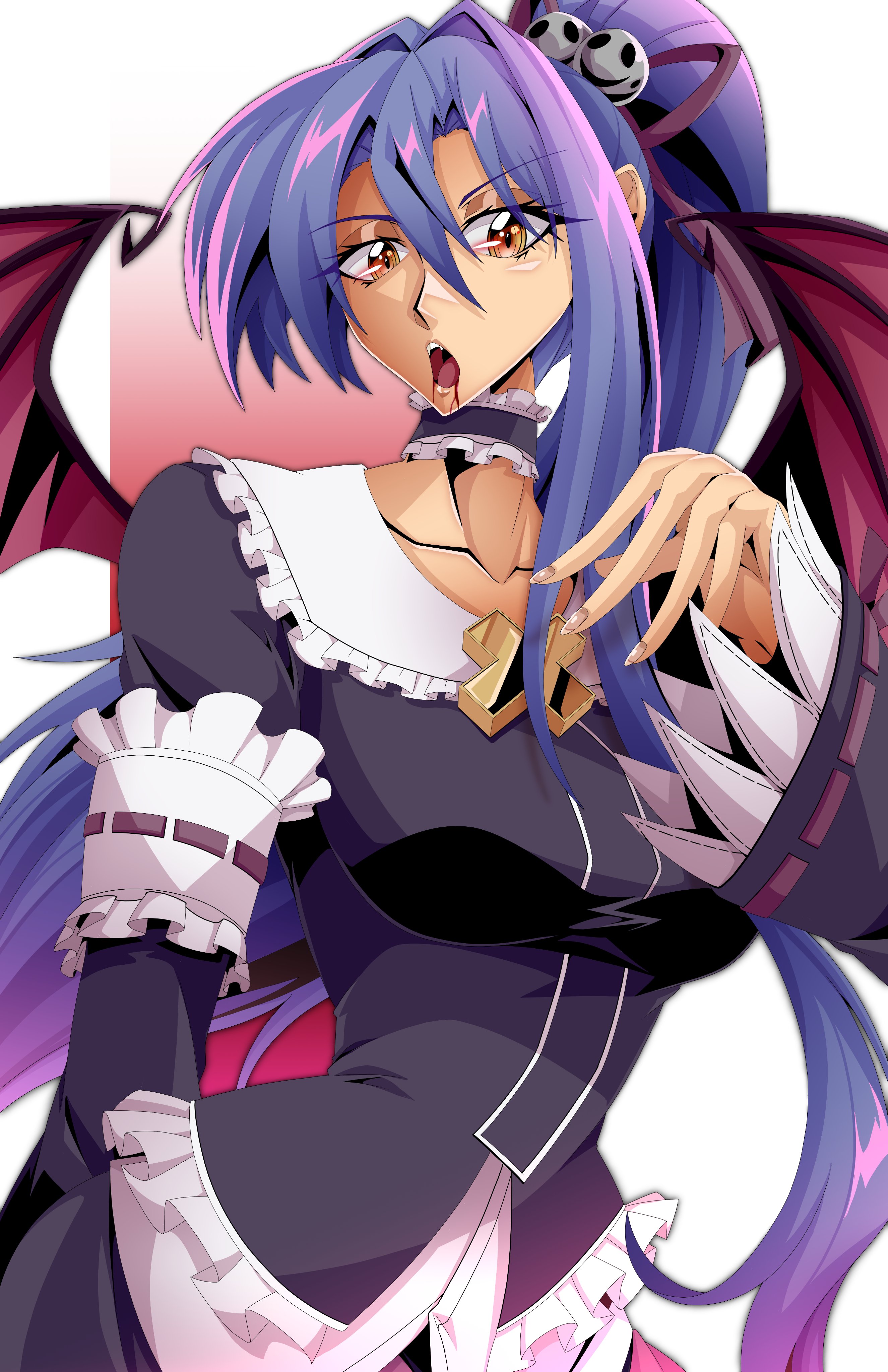 andoryu anzuru, laura s. arseid, eiyuu densetsu, sen no kiseki (series), absurdres, highres, 1girl, bat wings, blood, blood from mouth, blood in mouth, blood on face, blue hair, breasts, curtained hair, double-parted bangs, dress, fangs, gradient background, hair between eyes, large breasts, long hair, long single sidelock, long sleeves, looking at viewer, ponytail, red background, solo, two-tone background, upper body, vampire, very long hair, white background, wings