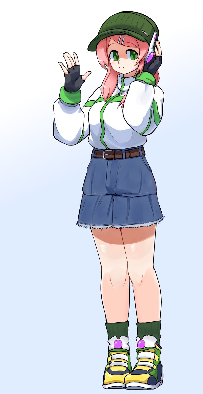 saruyama ushirou, momone momo, utau, highres, 1girl, alternate costume, belt, denim, denim shorts, fingerless gloves, full body, gloves, green eyes, hair ornament, hairclip, hand on own ear, hat, jacket, jacket tucked in, long hair, long sleeves, pink hair, robot ears, shoes, shorts, smile, sneakers, socks, solo, track jacket