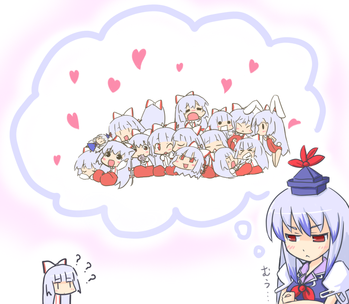 nekoyama, fujiwara no mokou, kamishirasawa keine, touhou, bad id, bad pixiv id, > <, 6+girls, :<, :d, = =, ?, animal ears, arms up, blush, cat ears, cat girl, character doll, chibi, clone, closed eyes, crossed arms, doll, female focus, hat, heart, imagining, long hair, multiple girls, o o, open mouth, rabbit ears, red eyes, ribbon, smile, speech bubble, thought bubble, upper body, white background, white hair, yukkuri shiteitte ne, | |