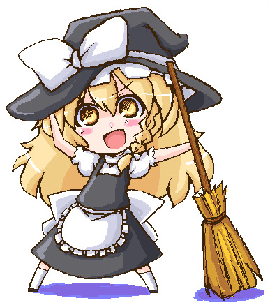 nekoyama, kirisame marisa, touhou, bad id, bad pixiv id, lowres, >:), 1girl, :d, apron, blonde hair, blush, blush stickers, braid, broom, chibi, female focus, hand on headwear, hat, long hair, open mouth, ribbon, side braid, smile, solo, v-shaped eyebrows, waist apron, witch, yellow eyes