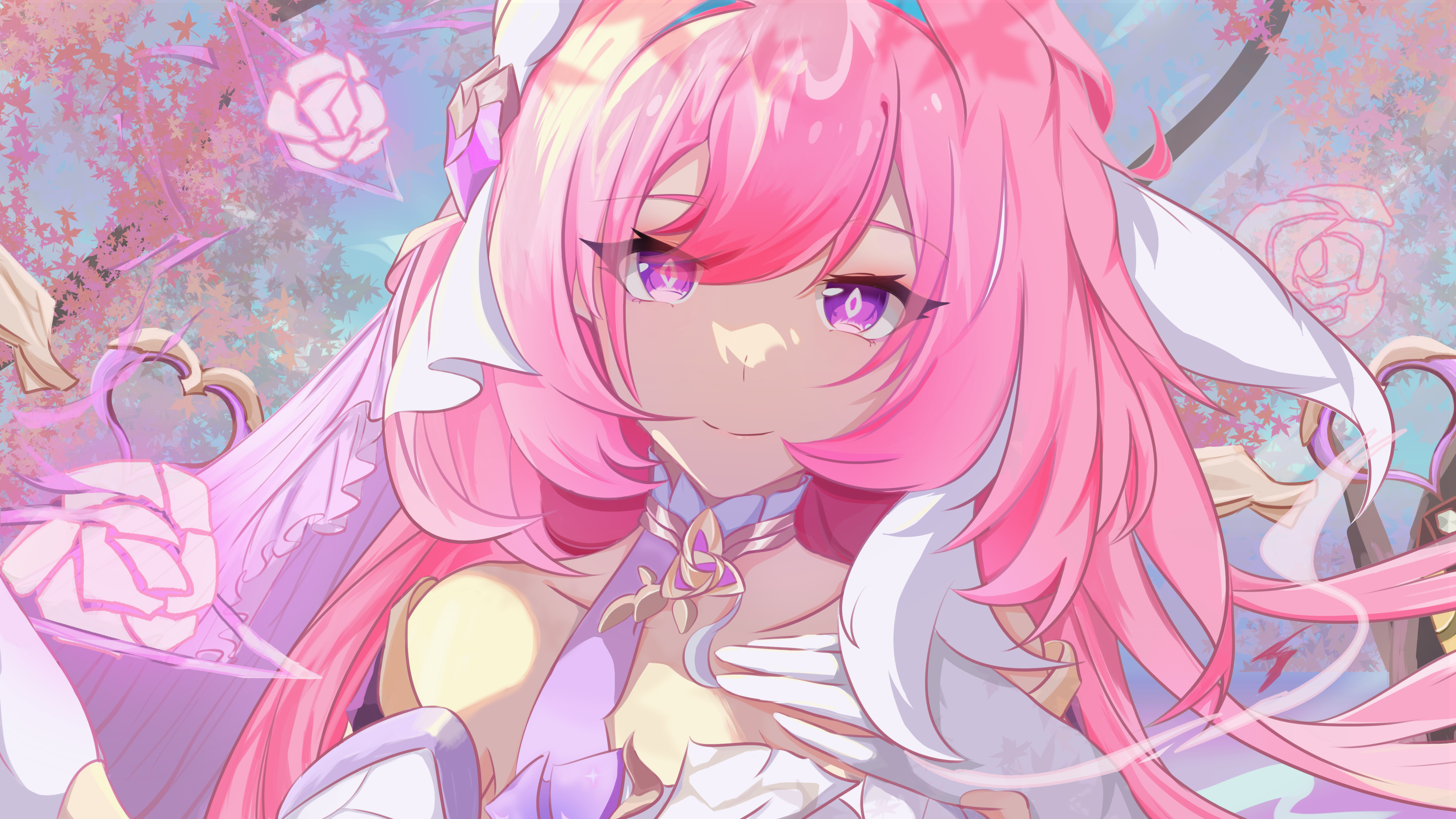 guyinghua41930, elysia (herrscher of human: ego) (honkai impact), elysia (honkai impact), honkai (series), honkai impact 3rd, absurdres, chinese commentary, commentary request, highres, 1girl, diamond-shaped pupils, diamond (shape), floral background, gloves, long hair, pink hair, purple eyes, smile, solo, symbol-shaped pupils, triquetra, upper body, veil, very long hair, white gloves, white veil