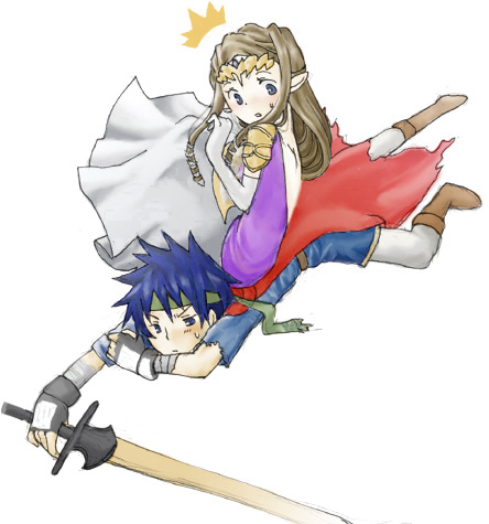 ike (fire emblem), princess zelda, fire emblem, fire emblem: path of radiance, nintendo, super smash bros., the legend of zelda, the legend of zelda: twilight princess, lowres, 1boy, 1girl, ^^^, bandages, blue eyes, blue hair, blush, brown hair, cape, dress, elbow gloves, frown, gloves, gown, headband, long hair, pointy ears, princess, sitting, sword, tiara, weapon