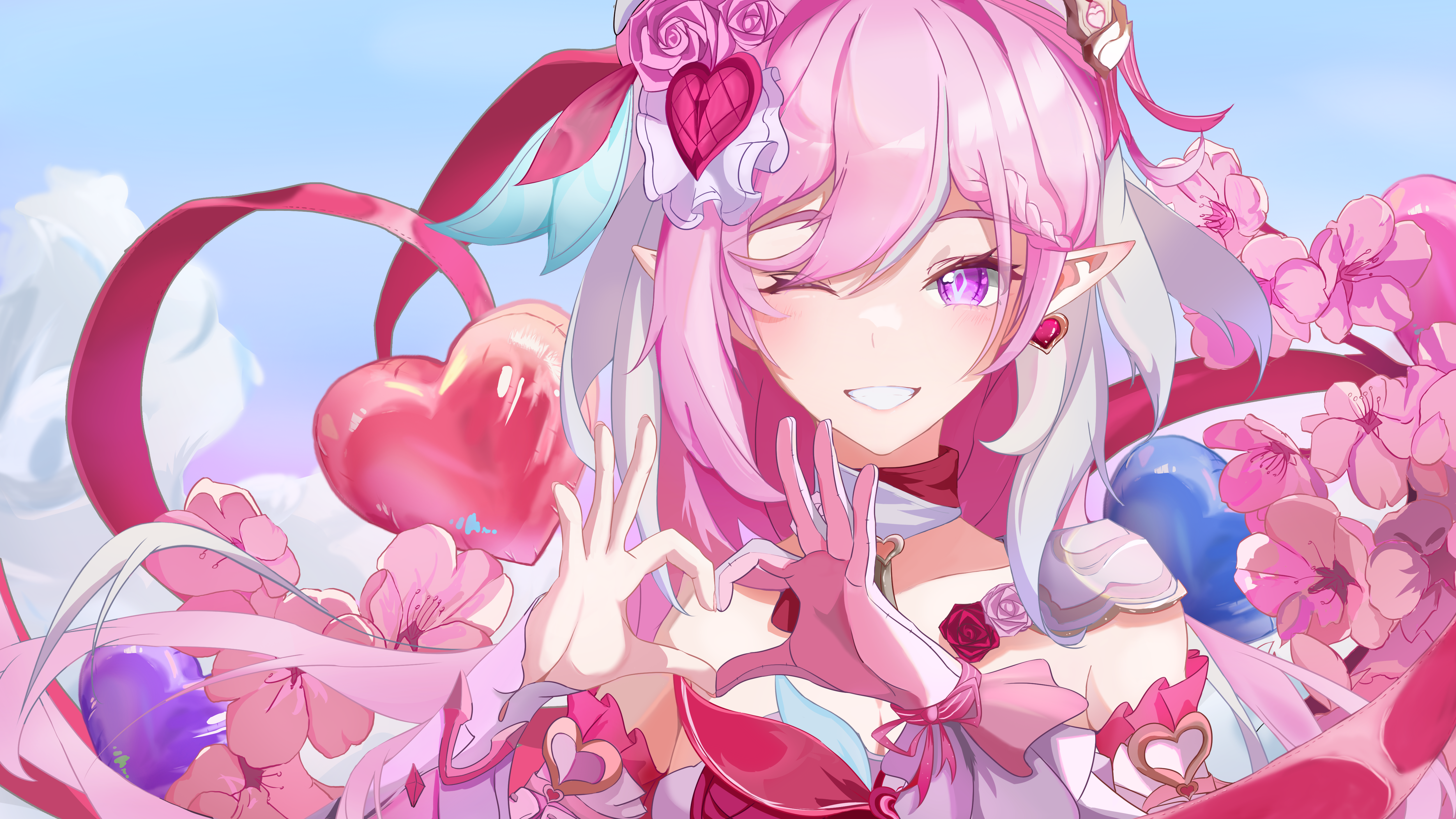 guyinghua41930, elysia (hi love elf) (honkai impact), elysia (honkai impact), honkai (series), honkai impact 3rd, absurdres, chinese commentary, commentary request, highres, 1girl, ;), balloon, blue sky, breasts, diamond-shaped pupils, diamond (shape), dress, earrings, elf, flower, four-finger heart hands, gloves, heart, heart balloon, heart earrings, heart hands, jewelry, large breasts, long hair, looking at viewer, multicolored hair, one eye closed, pink flower, pink gloves, pink hair, pointy ears, purple eyes, red dress, single glove, sky, smile, solo, symbol-shaped pupils, two-tone hair, very long hair, white hair
