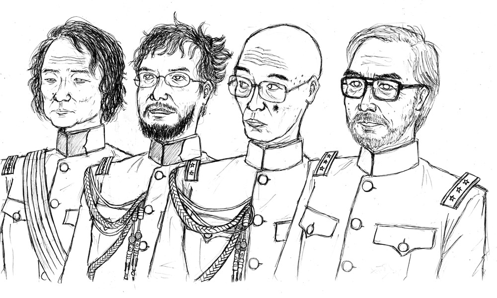 crapgame, anno hideaki (person), miyazaki hayao (person), oshii mamoru, tomino yoshiyuki, real life, 4boys, aiguillette, bald, beard, facial hair, glasses, greyscale, imperial japanese army, male focus, military, military uniform, mole, monochrome, multiple boys, old, old man, real life insert, sash, sketch, trait connection