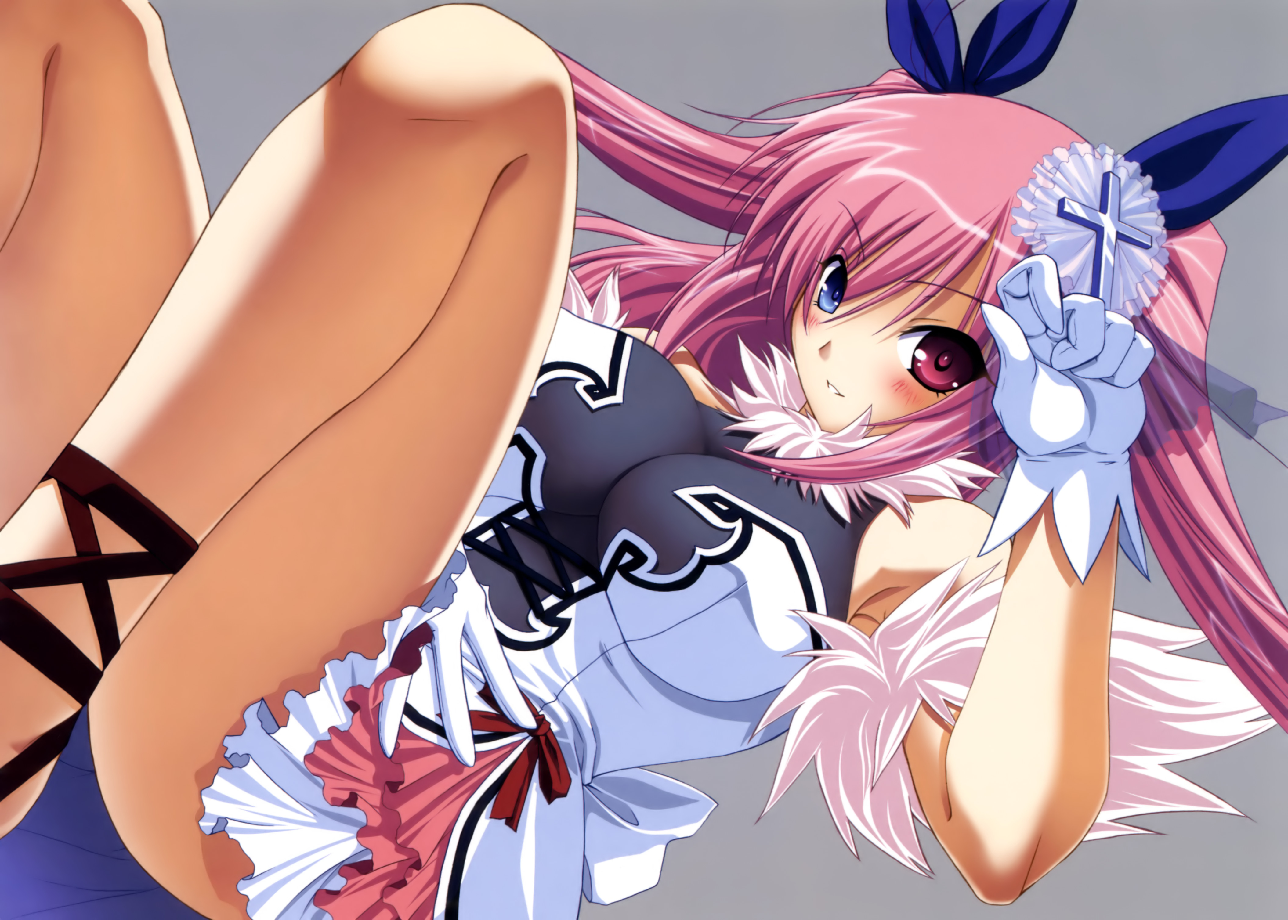 ozawa akifumi, chua churam, chu x chu idol, absurdres, highres, 1girl, blue eyes, breasts, cross, female focus, gloves, hair ornament, hair ribbon, heterochromia, impossible clothes, impossible shirt, large breasts, pink eyes, pink hair, ribbon, shirt, solo, twintails