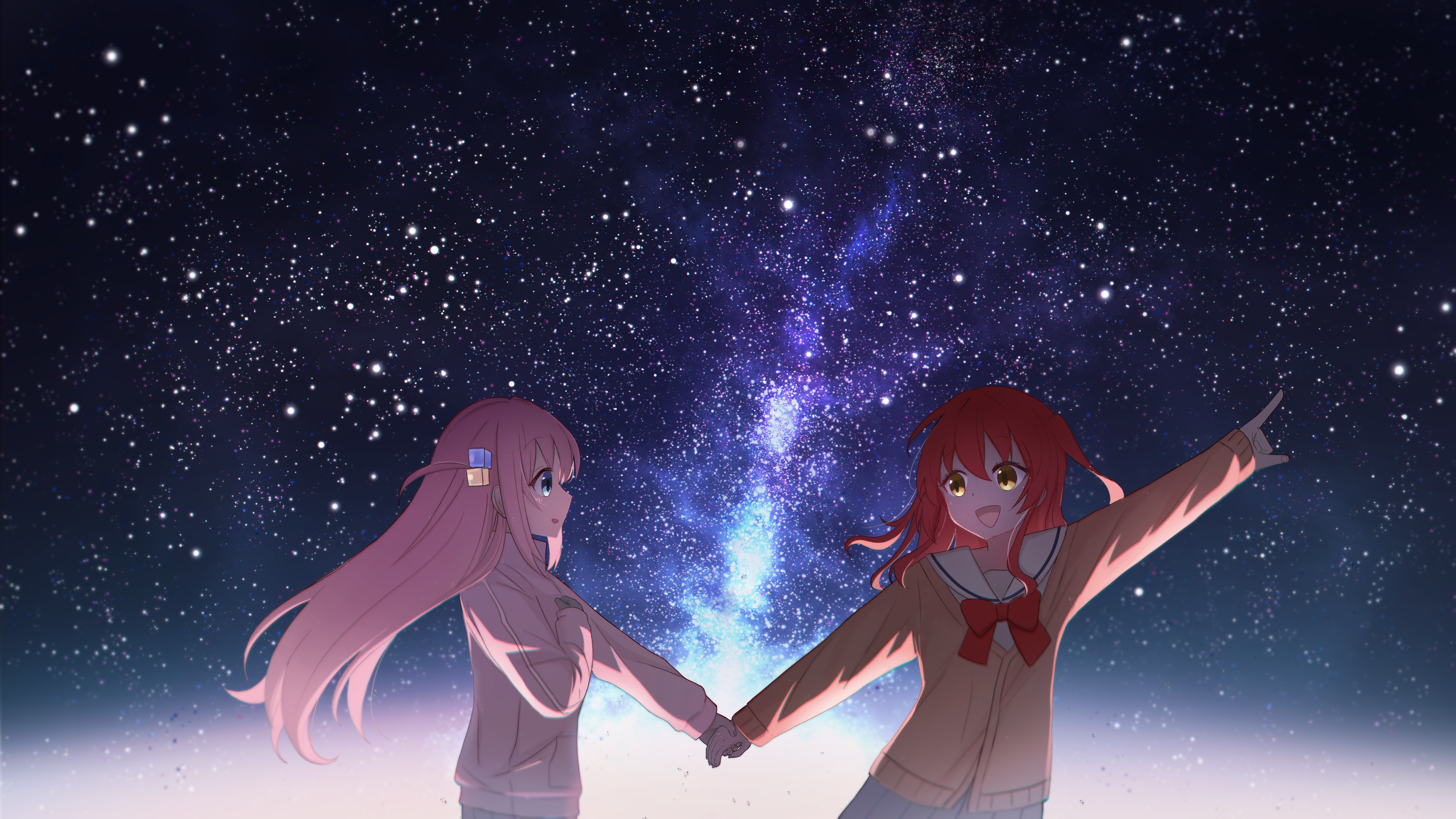 gotoh hitori, kita ikuyo, bocchi the rock!, absurdres, commentary request, highres, 2girls, bow, bowtie, brown cardigan, brown eyes, cardigan, cube hair ornament, floating hair, hair ornament, hand up, holding hands, jacket, long hair, long sleeves, looking at another, milky way, multiple girls, natsuyu 3, night, night sky, open mouth, outdoors, outstretched arm, parted lips, pink hair, pink jacket, pointing, red bow, red bowtie, red hair, sailor collar, school uniform, shuka high school uniform, sideways mouth, sky, sky focus, smile, star (sky), starry sky, track jacket, triangle mouth