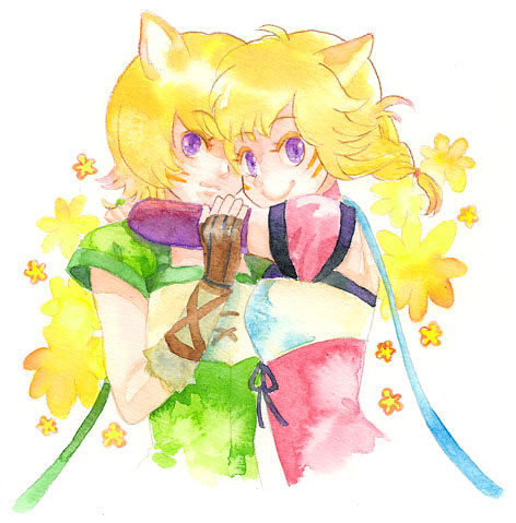 lethe (fire emblem), lyre (fire emblem), fire emblem, fire emblem: radiant dawn, nintendo, lowres, 2girls, animal ears, blonde hair, gloves, hug, laguz (race), multiple girls, purple eyes, short hair, siblings, sisters, smile, twins