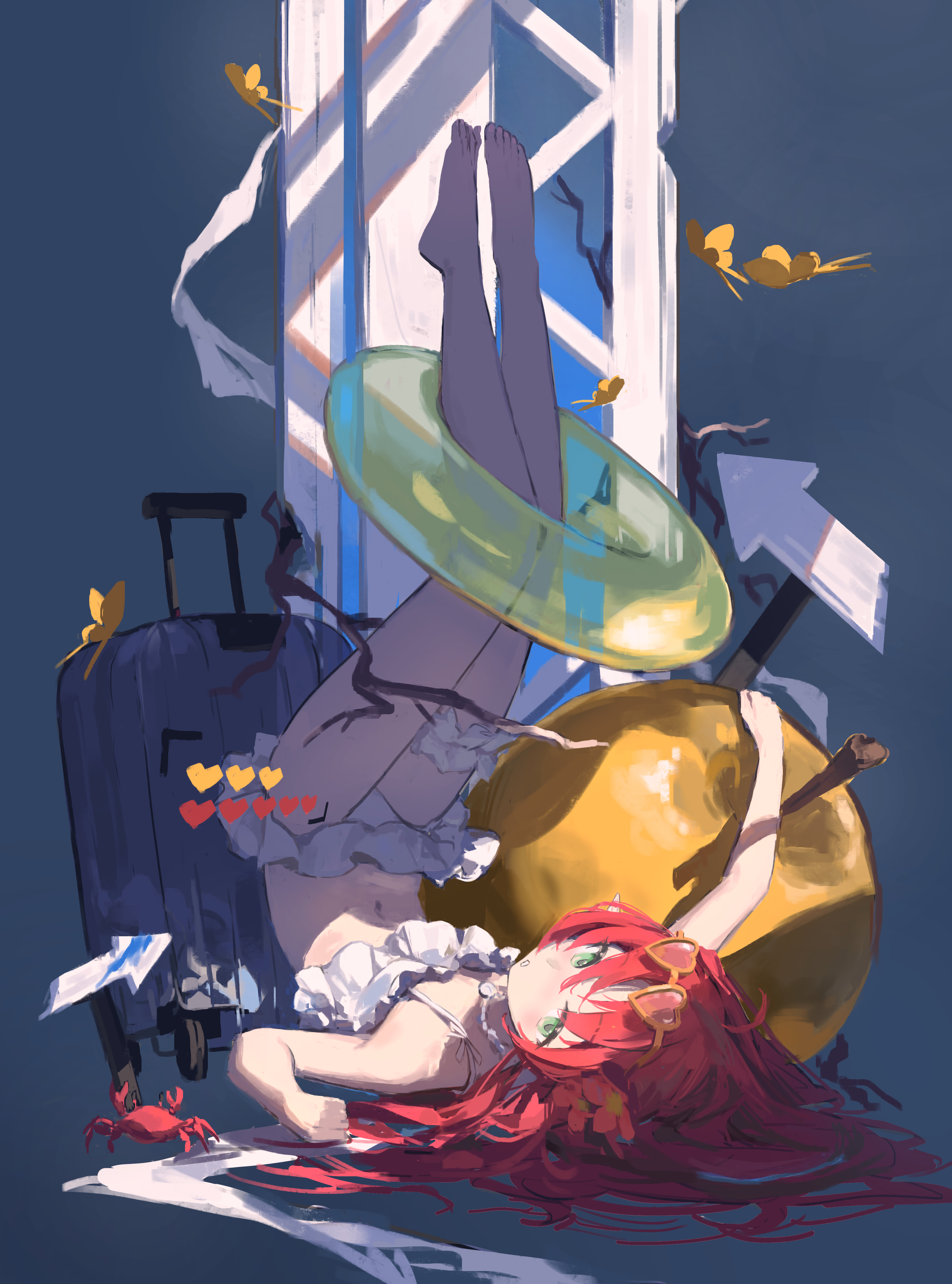loong (loong blo), myrtle (arknights), myrtle (summer flowers) (arknights), arknights, absurdres, commentary, highres, symbol-only commentary, 1girl, apple, bikini, bug, butterfly, crab, fallen down, food, frilled bikini, frills, fruit, green eyes, grey background, hair spread out, heart, heart-shaped eyewear, innertube, insect, legs up, long hair, looking at viewer, midriff, navel, oversized food, oversized object, parted lips, red hair, solo, suitcase, swim ring, swimsuit, white bikini