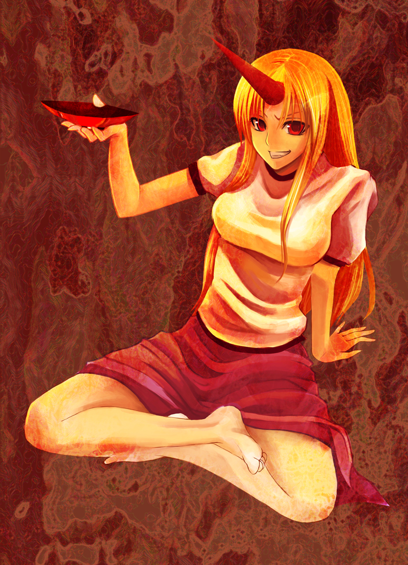 nonoko, yuuka nonoko, hoshiguma yuugi, touhou, bad id, bad pixiv id, 1girl, alcohol, barefoot, blonde hair, breasts, cup, feet, female focus, grin, horns, indian style, large breasts, long hair, red eyes, sakazuki, sake, single horn, sitting, smile, solo
