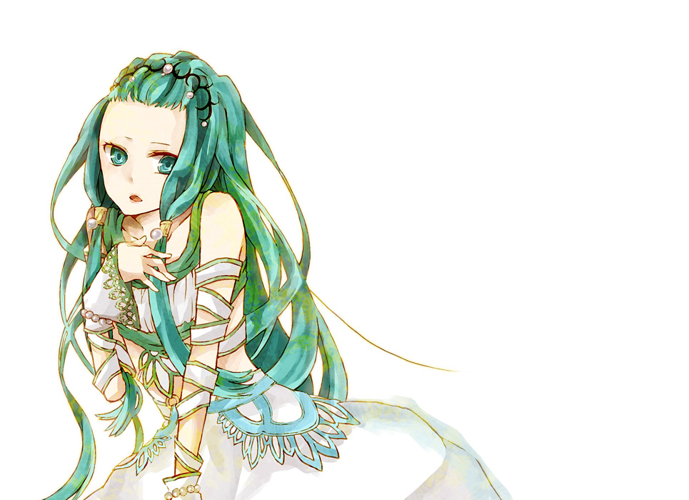 buzz (moi), lithia spodumene, tales of (series), tales of hearts, bad id, bad pixiv id, 1girl, detached sleeves, dress, female focus, forehead, green eyes, green hair, long hair, matching hair/eyes, ribbon, solo, white background
