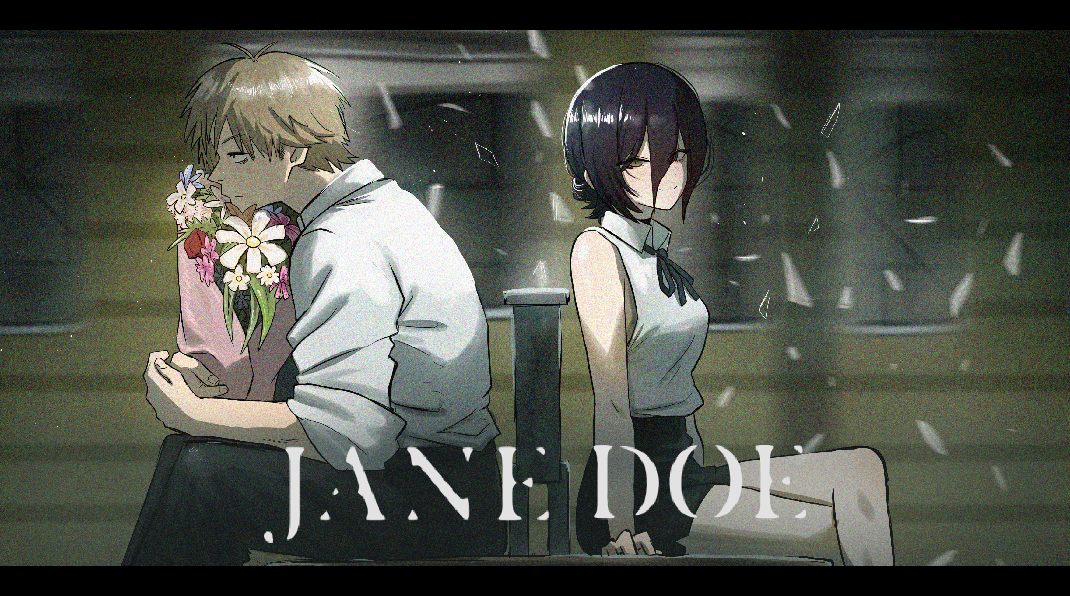!karryn!, denji (chainsaw man), reze (chainsaw man), chainsaw man, absurdres, commentary request, highres, korean commentary, mixed-language commentary, 1boy, 1girl, antenna hair, arm support, bare legs, black hair, black pants, black ribbon, black shorts, blonde hair, blush, bouquet, broken glass, crossed legs, expressionless, feet out of frame, film grain, flower, from side, glass, hair between eyes, hugging object, jane doe (song), letterboxed, long hair between eyes, looking ahead, looking at viewer, looking to the side, motion blur, neck ribbon, on bench, pants, ribbon, shirt, shorts, side slit, side slit shorts, sitting, sleeveless, sleeveless shirt, smile, subway, title, white shirt