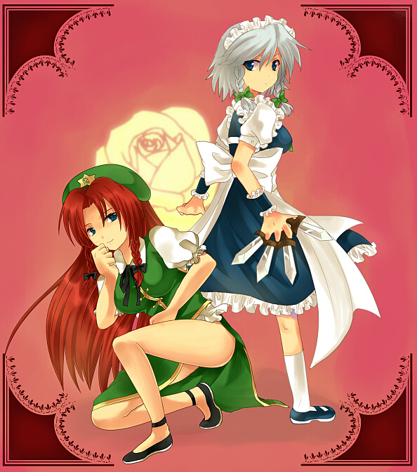 fct, hayama eishi, nari otoko, hong meiling, izayoi sakuya, touhou, silver hair, bad id, bad pixiv id, 2girls, between fingers, blue eyes, bow, braid, dress, female focus, hat, holding, knife, long hair, maid, multiple girls, red hair, ribbon, throwing knife, twin braids, weapon