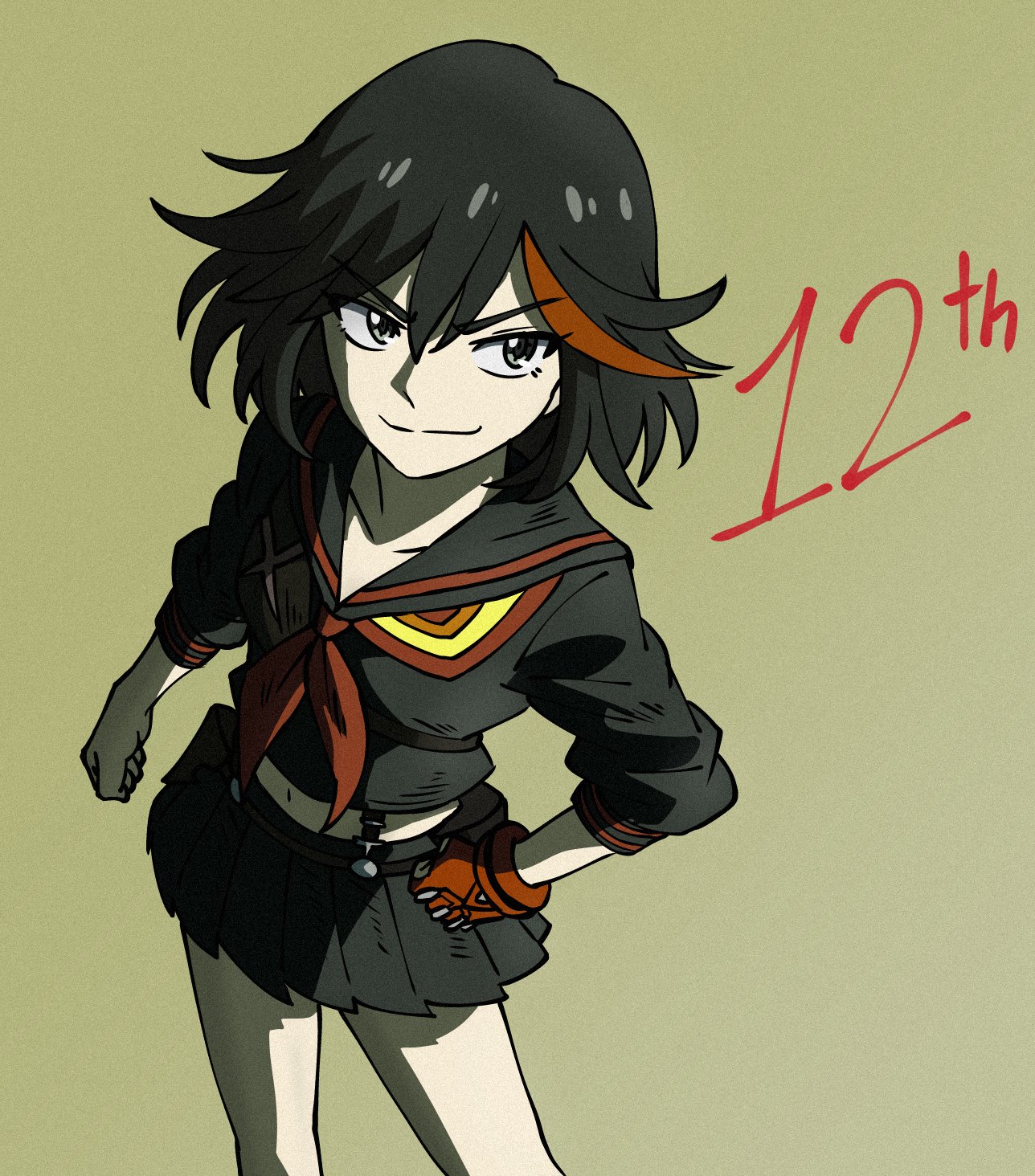 risu (matoirisu), matoi ryuuko, senketsu, kill la kill, highres, 1girl, black hair, black sailor collar, black serafuku, black shirt, black skirt, closed mouth, film grain, gloves, looking at viewer, midriff, multicolored hair, navel, neckerchief, pleated skirt, red gloves, red hair, red neckerchief, sailor collar, school uniform, serafuku, shirt, short hair, single glove, skirt, smile, solo, two-tone hair