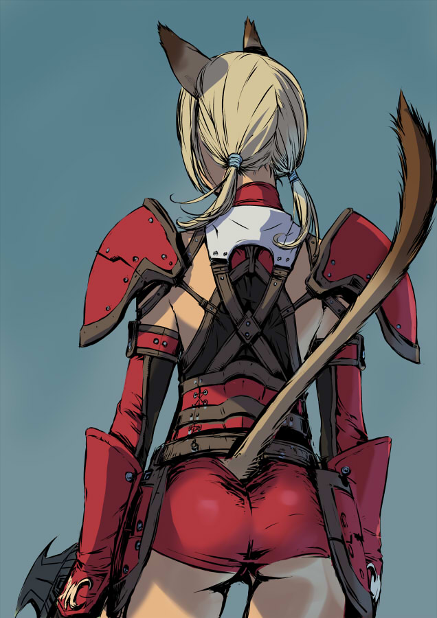 branch (blackrabbits), mithra (ff11), final fantasy, final fantasy xi, bad id, bad pixiv id, 00s, 1girl, animal ears, armor, arms at sides, ass, back, blonde hair, blue background, cat girl, clothing cutout, cowboy shot, faulds, female focus, high-waist shorts, holding, holding sword, holding weapon, pauldrons, shorts, shoulder armor, skin tight, solo, sword, tail, tail through clothes, twintails, weapon