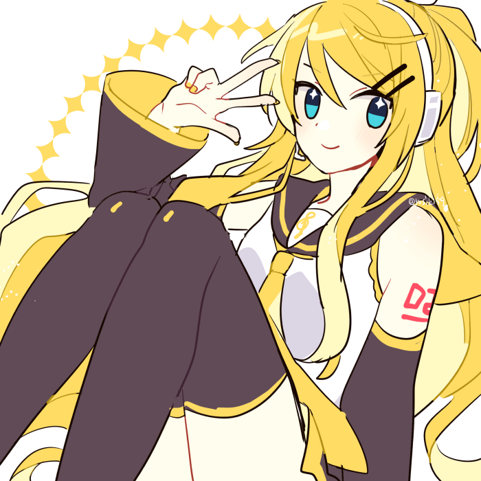 yoshiki, kagamine rin, kagamine rin (future style), vocaloid, 1girl, blonde hair, blue eyes, detached sleeves, hair ornament, hairclip, half updo, hand up, headphones, knees up, long hair, long sleeves, necktie, sailor collar, shirt, sleeveless, sleeveless shirt, smile, solo, thighhighs, very long hair, w