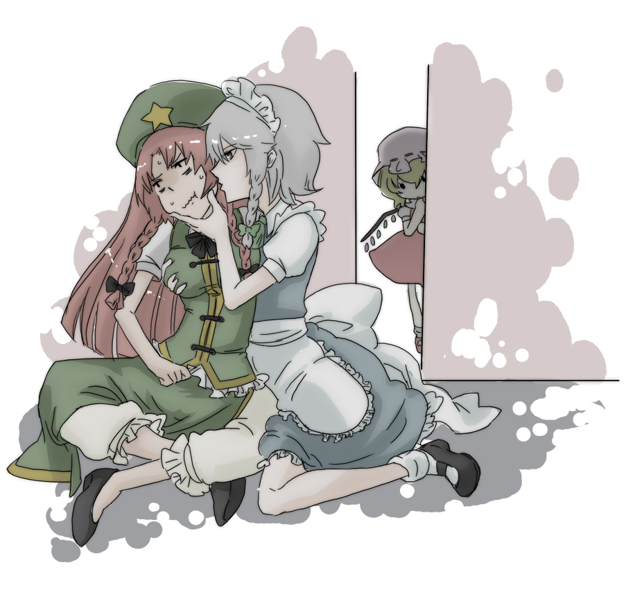 ituka, notsuki miko, flandre scarlet, hong meiling, izayoi sakuya, embodiment of scarlet devil, touhou, silver hair, 3girls, blonde hair, breasts, female focus, grabbing another's breast, groping, hairband, hat, long hair, maid, mob cap, multiple girls, red hair, ribbon, short hair, star (symbol), wings, yuri
