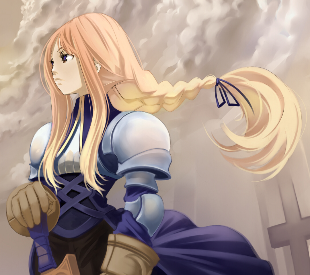 kotetsu motoya, agrias oaks, final fantasy, final fantasy tactics, 1girl, armor, blonde hair, braid, braided ponytail, female focus, gloves, hands on hilt, long hair, outdoors, single braid, sky, solo, sword, weapon