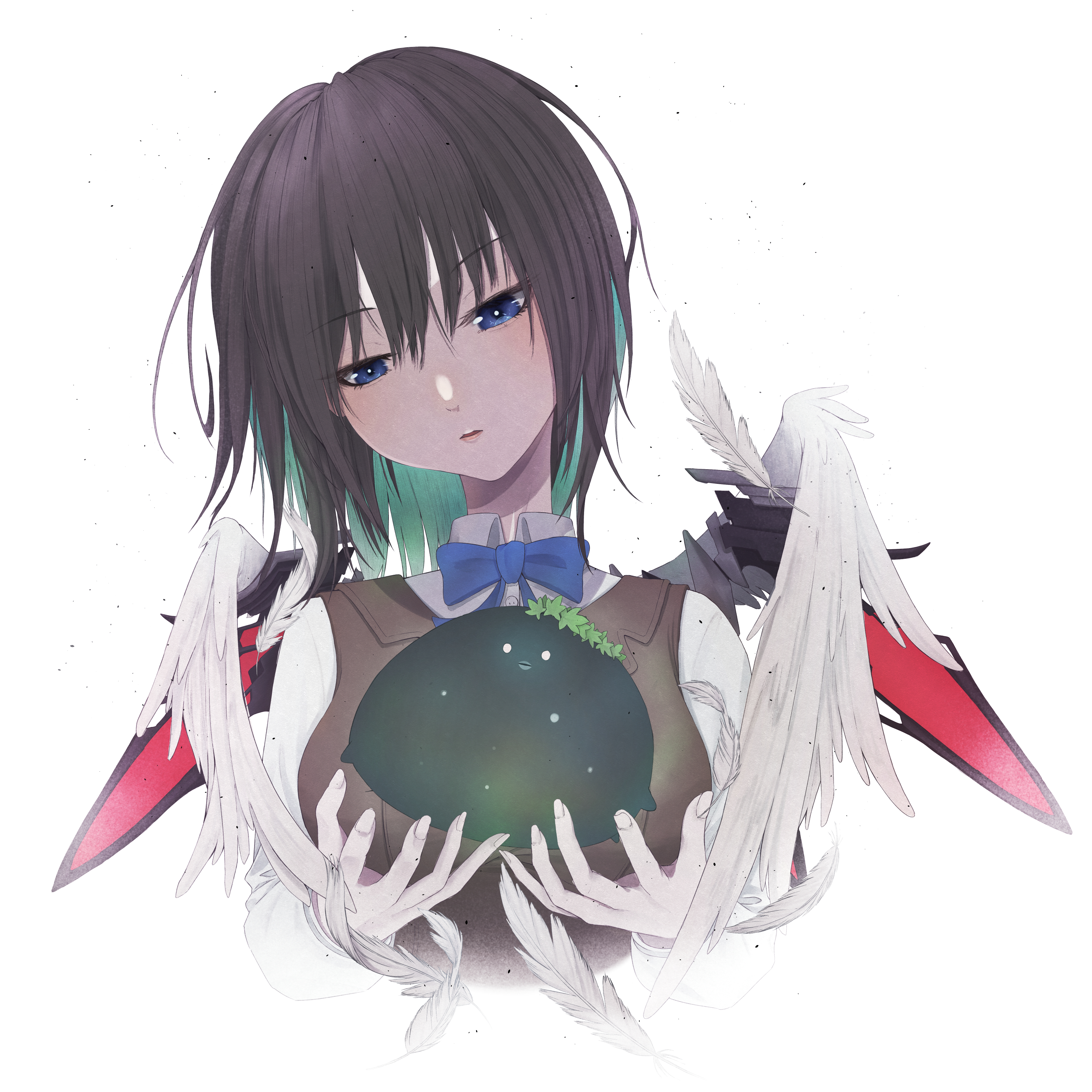 kalin note, aoi erika, heaven burns red, absurdres, highres, 1girl, angel wings, black hair, blue bow, blue bowtie, blue eyes, bow, bowtie, breasts, brown hair, brown vest, collared shirt, colored inner hair, creature, egg, feathered wings, feathers, green hair, head tilt, holding, long sleeves, looking down, mechanical wings, medium hair, multicolored hair, narby (heaven burns red), parted lips, school uniform, science fiction, shirt, short hair, solo, two-tone hair, upper body, vest, white shirt, white wings, wings
