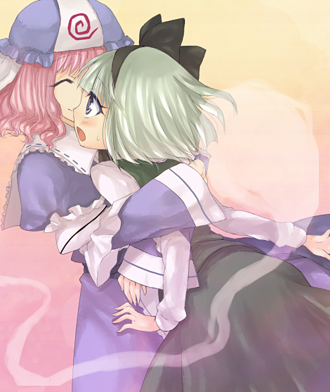 midori (green tea), midori (pixiv), konpaku youmu, konpaku youmu (ghost), saigyouji yuyuko, touhou, silver hair, bad id, bad pixiv id, 2girls, ^ ^, closed eyes, female focus, hairband, happy, hat, hug, japanese clothes, kimono, multiple girls, pink hair, short hair, smile, surprised, sweatdrop, transparent