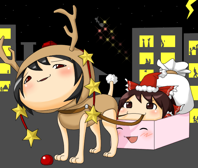 bikkuru, alice margatroid, chen, fujiwara no mokou, hakurei reimu, houraisan kaguya, kamishirasawa keine, kimeemaru, kirisame marisa, nagae iku, remilia scarlet, shameimaru aya, yakumo ran, saturday night fever, touhou, bad id, bad pixiv id, 2girls, antlers, christmas, female focus, hat, horns, multiple girls, outdoors, reindeer, santa costume, sky, yukkuri shiteitte ne