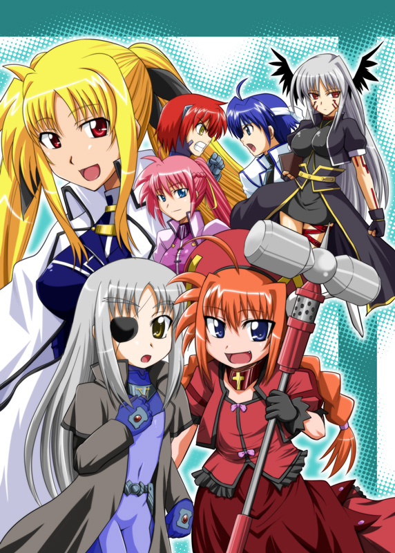 zerosu (take out), cinque (nanoha), fate testarossa, fate testarossa (impulse form), graf eisen, nove (nanoha), numbers (nanoha), reinforce, signum, subaru nakajima, vita (nanoha), lyrical nanoha, mahou shoujo lyrical nanoha, mahou shoujo lyrical nanoha a's, mahou shoujo lyrical nanoha strikers, silver hair, uniform, 00s, 6+girls, :d, blonde hair, blush, dress, facial mark, holding, holding weapon, long hair, looking at viewer, multiple girls, open mouth, orange hair, pink hair, polearm, profile, red dress, red eyes, rod, short hair, sidelocks, smile, tareme, time paradox, twintails, upper body, very long hair, war hammer, weapon