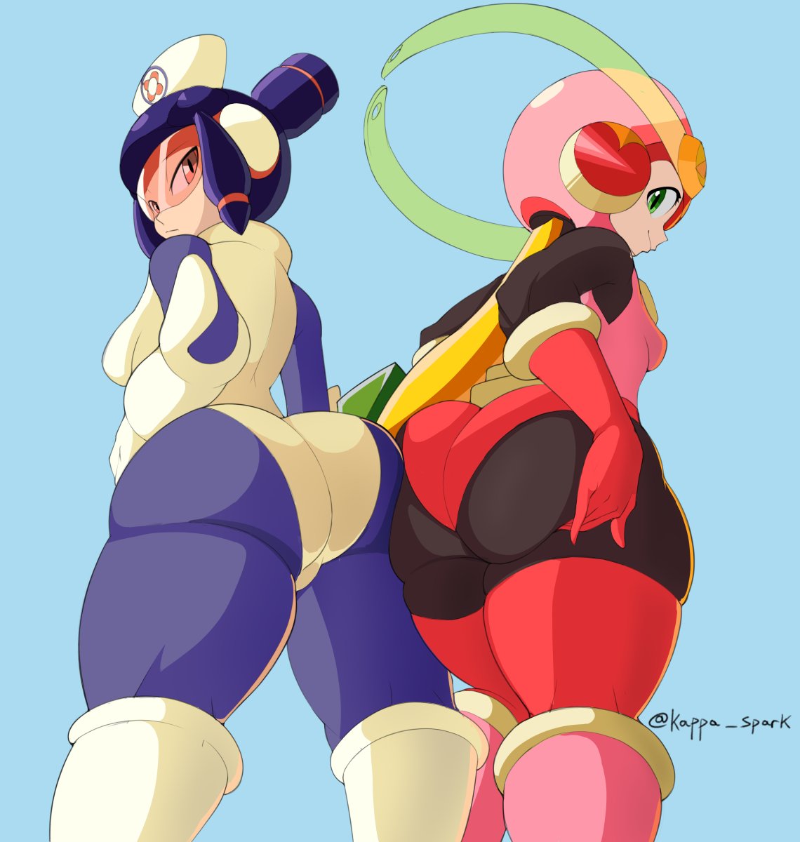 kappa spark, meddy.exe (mega man), roll.exe (mega man), mega man (series), mega man battle network, 2girls, ass, ass-to-ass, bodysuit, huge ass, leotard, multiple girls, thick thighs, thighhighs, thighs