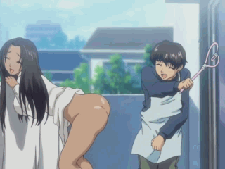 enomoto mari, sentakuya shin-chan, sentakuya shinchan, animated, animated gif, anime screenshot, lowres, 00s, 1boy, 1girl, apron, ass, bent over, black hair, bottomless, breasts, carpet beater, closed eyes, dark skin, futon tataki, large breasts, long hair, no panties, qvga, spanked, spanking