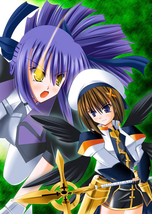 tukuyo kiriyuki, ginga nakajima, schwertkreuz, yagami hayate, lyrical nanoha, mahou shoujo lyrical nanoha, mahou shoujo lyrical nanoha a's, mahou shoujo lyrical nanoha strikers, bad id, bad pixiv id, 00s, 2girls, blue eyes, blush, brown hair, hair ribbon, hat, long hair, multiple girls, open mouth, purple hair, ribbon, wings, yellow eyes