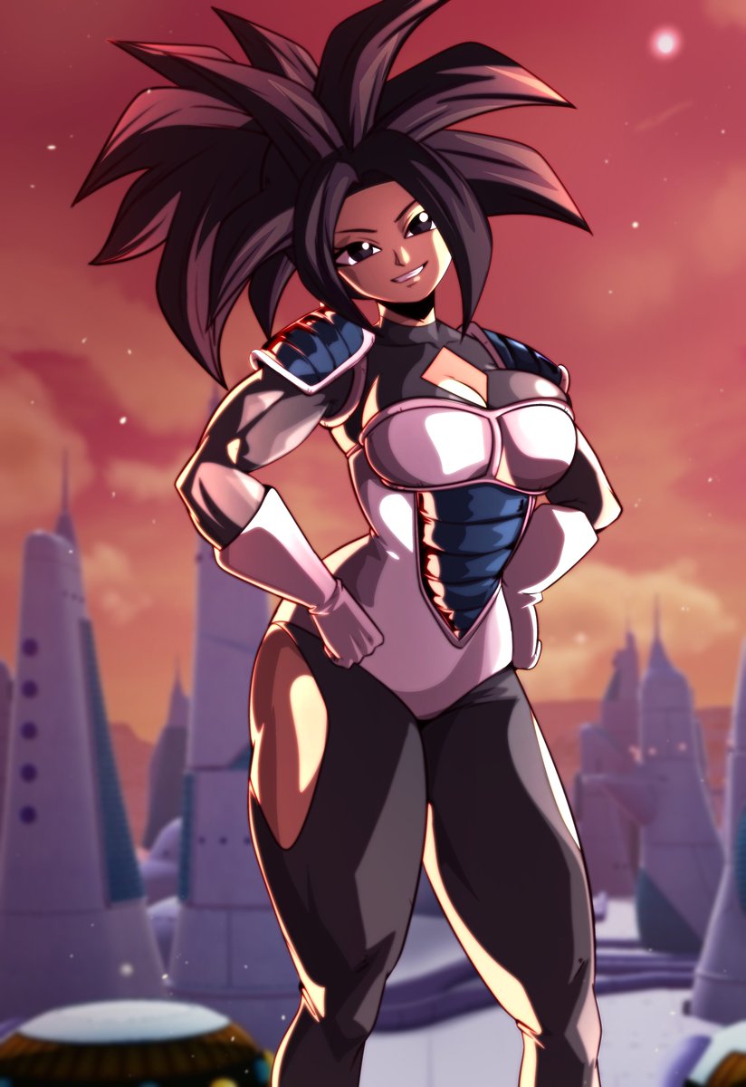 kefla (dragon ball), dragon ball, dragon ball super, 1girl, adapted costume, alternate costume, armor, black eyes, black hair, breasts, cleavage cutout, clothing cutout, decial10, gloves, hands on own hips, large breasts, muscular, muscular female, orange sky, pants, saiyan armor, sky, smile, snow, spiked hair, sunset