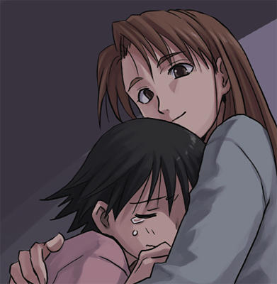 shiwashiwa no kinchakubukuru, mizuhara koyomi, takino tomo, azumanga daiou, bad id, bad pixiv id, lowres, 2girls, closed eyes, comforting, hug, multiple girls, no eyewear, tears