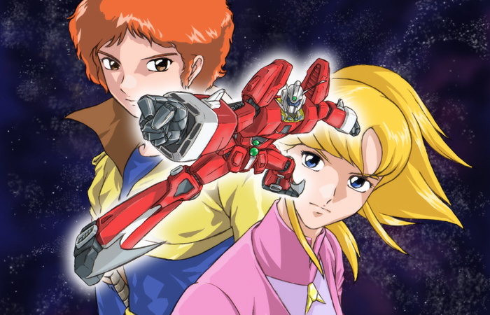 kow (k.), kow (kow0117), cosmo yuki, ideon, kasha imhof, densetsu kyojin ideon, gundam, gundam seed, 1980s (style), bad id, bad pixiv id, 1boy, 1girl, armor, blue eyes, collar, company connection, floating hair, jewelry, looking at viewer, machinery, mecha, necklace, oldschool, parody, pendant, retro artstyle, robot, sidelocks, style parody, upper body, wind