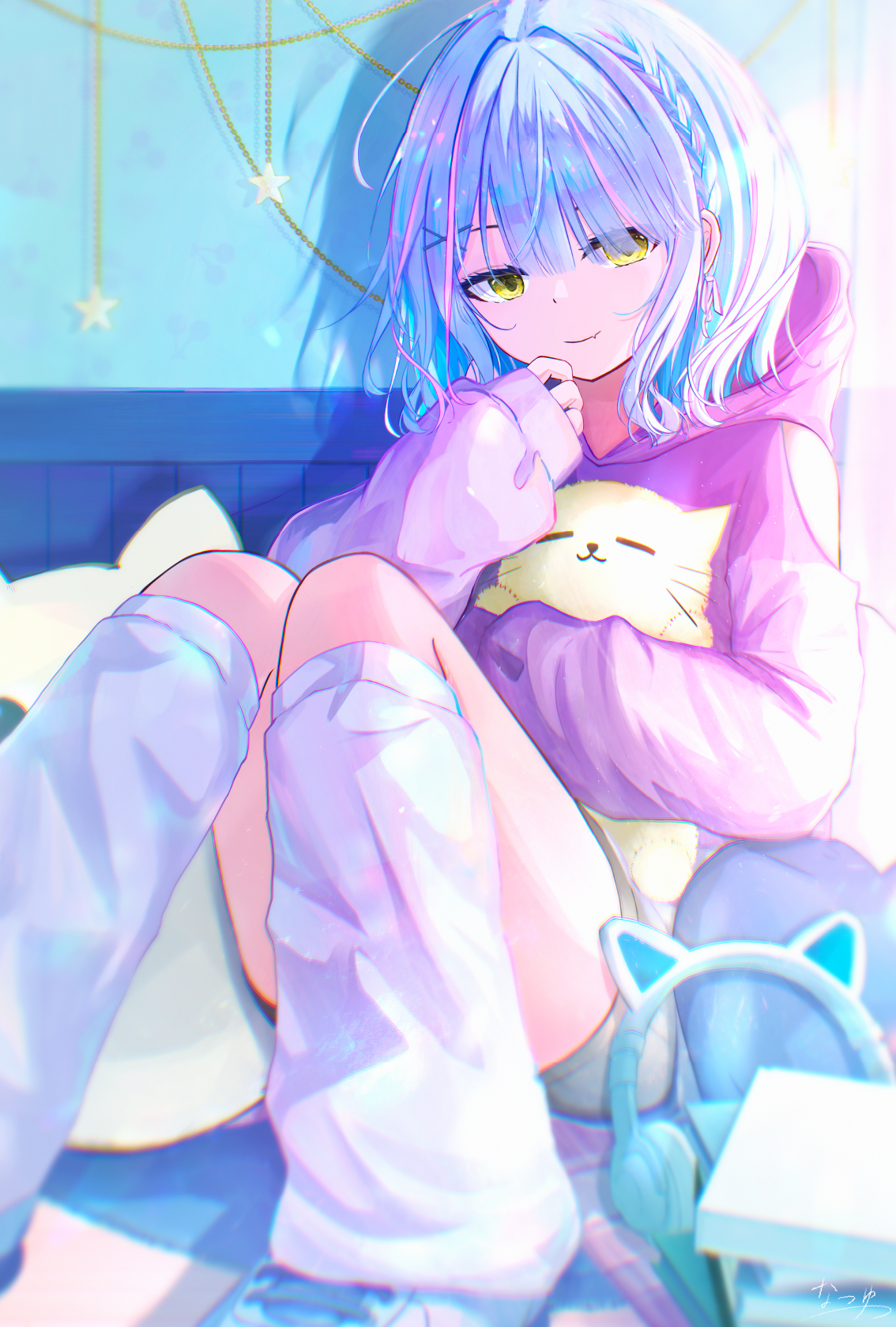 original, commentary request, highres, 1girl, animal, animal ear headphones, animal ears, blue hair, blurry edges, braid, cat, closed mouth, eyes visible through hair, fake animal ears, fang, green eyes, hair over one eye, headphones, holding, holding animal, holding cat, hood, hoodie, indoors, kneehighs, knees up, long bangs, long sleeves, looking at viewer, medium hair, natsuyu 3, purple hoodie, shadow, side braid, sidelocks, signature, sitting, skin fang, sleeves past wrists, smile, socks, solo, unworn headphones, white socks