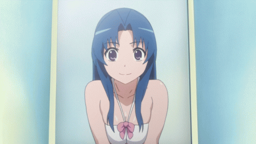 kawashima ami, toradora!, animated, animated gif, anime screenshot, non-web source, 00s, 1girl, bikini, blue eyes, blue hair, breasts, cleavage, female focus, long hair, matching hair/eyes, sexually suggestive, smile, solo, swimsuit