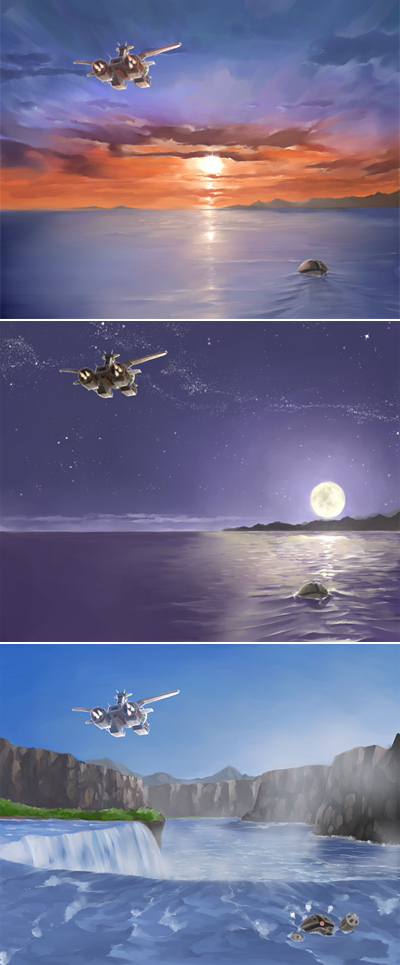 kow (k.), kow (kow0117), acguy, white base, gundam, mobile suit gundam, bad id, bad pixiv id, 3koma, 4koma, comic, landscape, mecha, moon, night, ocean, robot, silent comic, sunset, water, waterfall