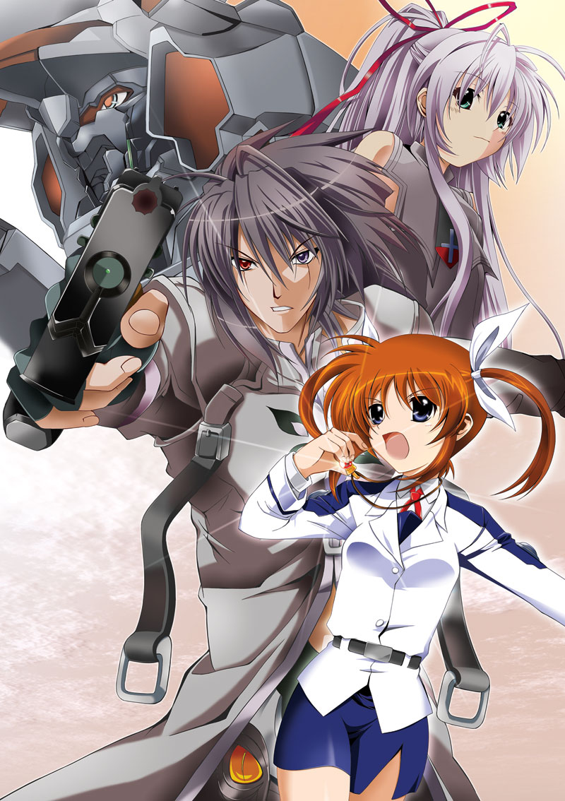 kagura yuuto, al azif (demonbane), daijuuji kurou, demonbane (mecha), raising heart, raising heart (standby mode), takamachi nanoha, demonbane, lyrical nanoha, mahou shoujo lyrical nanoha, mahou shoujo lyrical nanoha strikers, 00s, 1boy, 2girls, aiming, aiming at viewer, blue eyes, brown hair, crossover, fingerless gloves, gloves, gun, heterochromia, holding, holding gun, holding weapon, mecha, military, military uniform, multiple girls, purple eyes, red eyes, red hair, robot, twintails, weapon