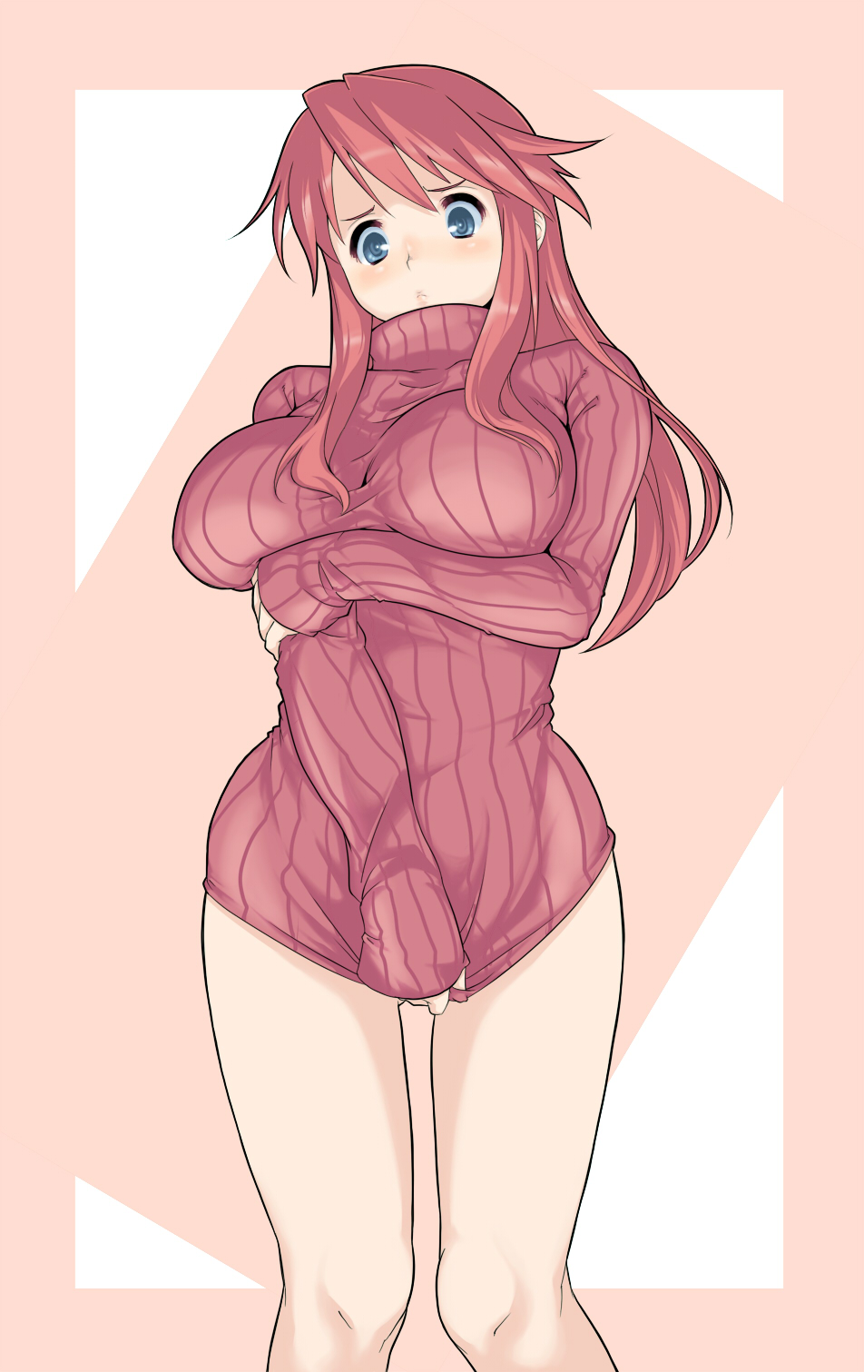 sanemichi hajime, aty (summon night), summon night, summon night 3, highres, 1girl, arm under breasts, blue eyes, blush, bottomless, breasts, clothes tug, covering crotch, covering privates, curvy, embarrassed, female focus, frown, hip focus, huge breasts, large breasts, long hair, naked sweater, plump, red hair, ribbed sweater, shirt tug, solo, sweater, sweater tug, thigh gap, thighs, turtleneck