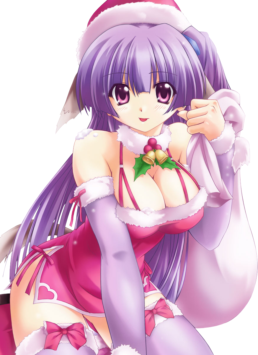 us@myo, kashiwagi yuuma, pani poni dash!, highres, 00s, 1girl, animal ears, blush, bow, breasts, christmas, cleavage, female focus, hat, holly, large breasts, leaning forward, lingerie, long hair, mistletoe, negligee, purple eyes, purple hair, santa costume, santa hat, snow, solo, tail, thighhighs, tongue, transparent background, underwear