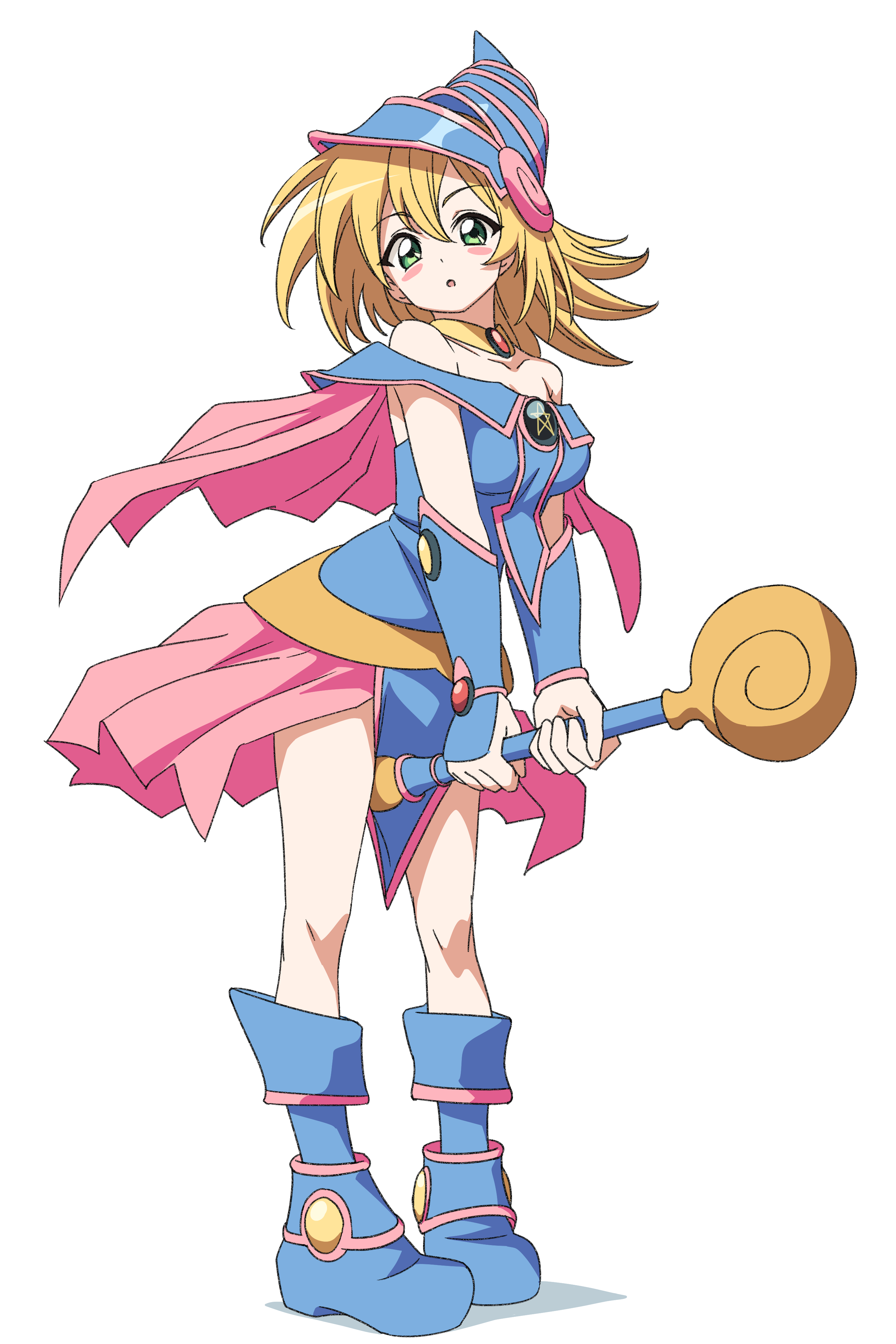 baasaku (balasaku24), dark magician girl, yu-gi-oh!, absurdres, highres, 1girl, :o, bare shoulders, blonde hair, blue boots, blue dress, blue hat, blush stickers, boots, capelet, dress, duel monster, full body, green eyes, hair between eyes, hat, holding, holding staff, long hair, looking at viewer, open mouth, pink capelet, pink skirt, skirt, solo, staff, standing, white background, wizard hat