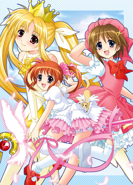 hiyori (nyatto), fate testarossa, kinomoto sakura, kinomoto sakura (astral sakura), kinomoto sakura (magician), kinomoto sakura (miraculous sakura), raising heart, raising heart (device mode), takamachi nanoha, yagami hayate, yuuno scrya, cardcaptor sakura, lyrical nanoha, magical battle arena, mahou shoujo lyrical nanoha, mahou shoujo lyrical nanoha a's, 3girls, blonde hair, cosplay, hat, kinomoto sakura (cosplay), multiple girls, pink hat, wings