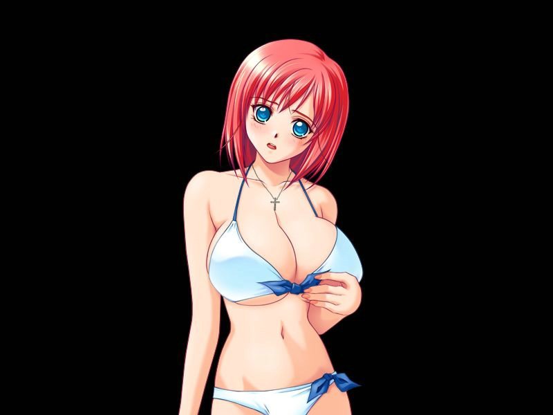 aozora himeu, inraku no ketsuzoku, mome! chichi shimai katei kyoushi 11nin, ole-m, game cg, 1girl, bikini, black background, blue eyes, blush, bow, bra, breasts, cleavage, cross, cross necklace, female focus, head tilt, jewelry, large breasts, lingerie, looking at viewer, necklace, open mouth, panties, red hair, short hair, simple background, solo, swimsuit, underwear