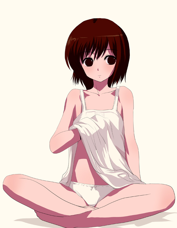 natori (natorism), original, barefoot, brown eyes, brown hair, chemise, flat chest, panties, short hair, sitting, solo, underwear