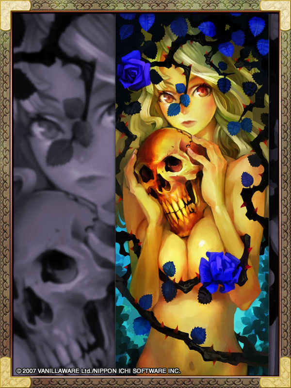 kamitani george, lujei piche, grimgrimoire, nippon ichi, official art, 1girl, blonde hair, blue flower, blue rose, breasts, cleavage, curly hair, female focus, flower, large breasts, long hair, midriff, red eyes, rose, skull, solo, thorns, witch