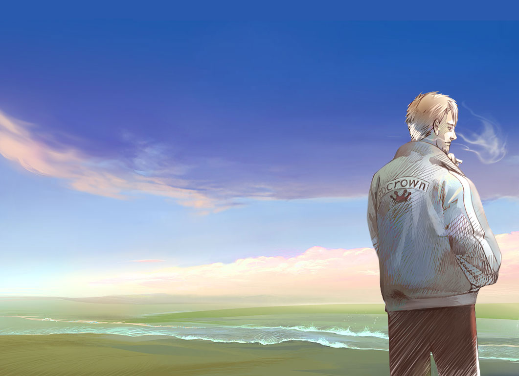 kyle hyde, cing, hotel dusk, 1boy, cigarette, crown, day, landscape, male focus, ocean, red crown, sky, smoking, solo