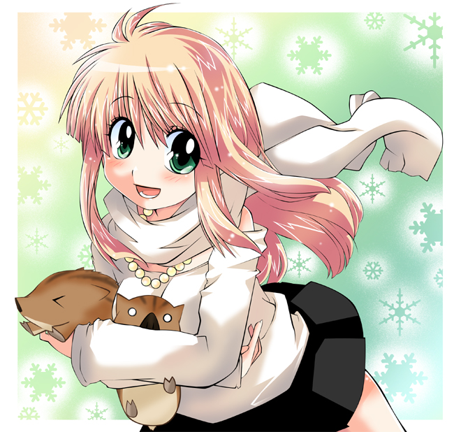 rinko yuzuki, original, commentary request, 1girl, animal, blonde hair, boar, border, gradient background, green eyes, holding, holding animal, jewelry, long hair, long sleeves, looking at viewer, miniskirt, necklace, open mouth, outside border, pearl necklace, pleated skirt, scarf, skirt, smile, snowflakes, solo, white border