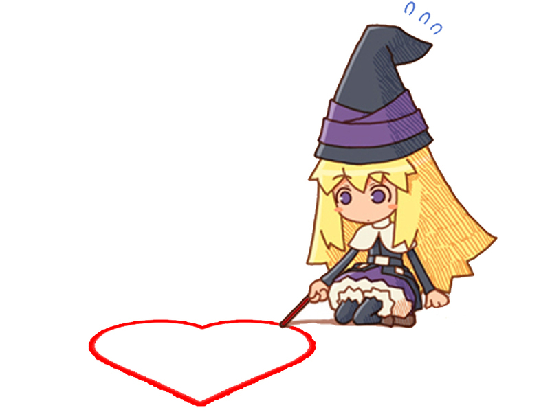 shigatake, lillet blan, grimgrimoire, nippon ichi, 1girl, blonde hair, drawing (action), female focus, hat, heart, lilet blan, purple eyes, solo, valentine, wand, witch, witch hat, wizard hat