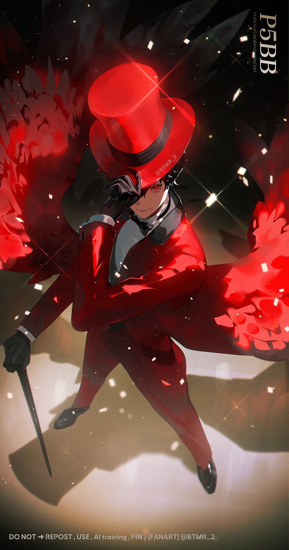 btmr game, amamiya ren, persona, persona 5, highres, 1boy, black gloves, black hair, black shoes, bow, bowtie, cane, confetti, feathered wings, feathers, formal clothes, gloves, hat, jacket, male focus, pants, red eyes, red jacket, red pants, red suit, shirt, shoes, short hair, smile, sparkle, spotlight, suit, top hat, white shirt, wings