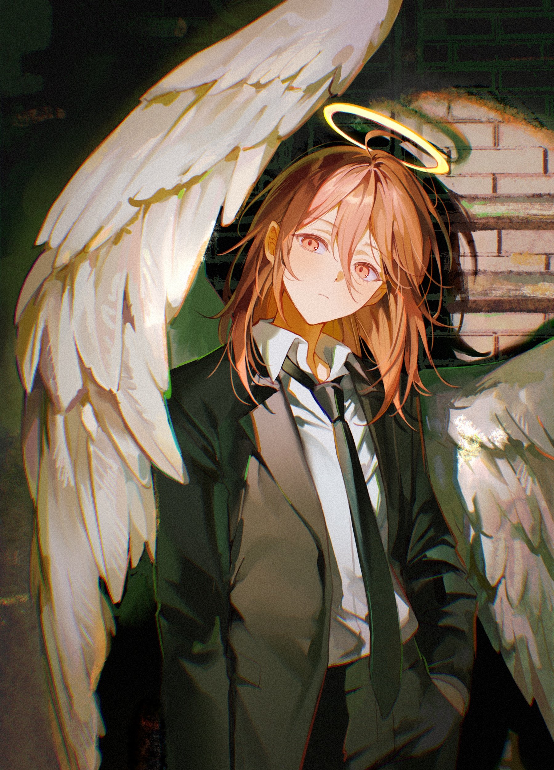 pong (pong o0), angel devil (chainsaw man), chainsaw man, absurdres, highres, 1boy, black jacket, black necktie, black pants, blush, closed mouth, collared shirt, feathered wings, hair between eyes, halo, hand in pocket, jacket, long hair, looking at viewer, necktie, pants, pink eyes, pink hair, shirt, sidelocks, solo, white shirt, white wings, wings, yellow halo
