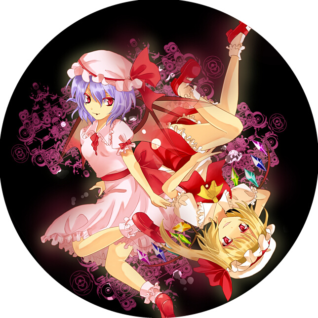 hayama eishi, nari otoko, flandre scarlet, remilia scarlet, touhou, bad id, bad pixiv id, 2girls, blonde hair, blue hair, bobby socks, circle, female focus, hat, mob cap, multiple girls, red eyes, rotational symmetry, siblings, sisters, smile, socks, wings