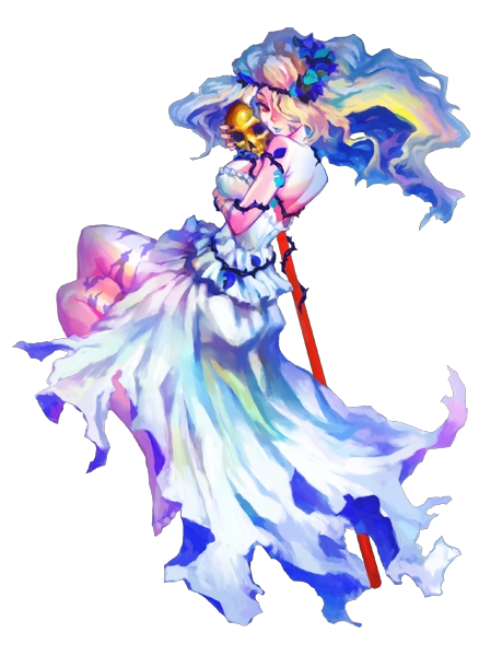 kamitani george, lujei piche, grimgrimoire, nippon ichi, soul cradle, official art, 1girl, barefoot, blonde hair, blue flower, blue rose, female focus, flower, full body, ghost, headdress, nail polish, red eyes, rose, skull, solo, staff, tattoo, thorns, transparent background, wand, witch