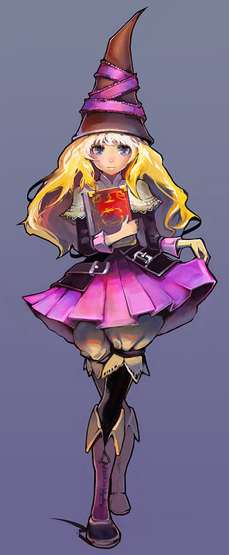 lillet blan, grimgrimoire, nippon ichi, vanillaware, 1girl, blonde hair, blue eyes, book, boots, crossed legs, curly hair, curtsey, female focus, full body, hat, leggings, lilet blan, long hair, simple background, skirt, skirt hold, solo, watson cross, witch, witch hat, wizard hat